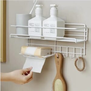 Bathroom Storage Shelf With hooks and Soap Dish Easy Mount Shower Shampoo Rack Holder