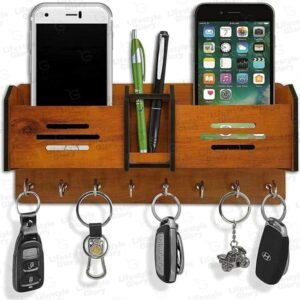Mister Traders Brand Multipurpose Wooden Wall Hanger | Mobile Charging Stand | Keys Hanging Hooks | Wall Hanging Stand For Keys | Key Hanger on Wall | Wall Mounted Key Holder I Decorating Items I Decorating Items For Home I Decoration